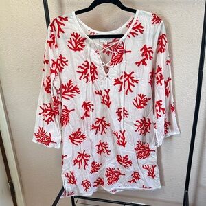 Mud Pie White Tunic with Coral Red Print